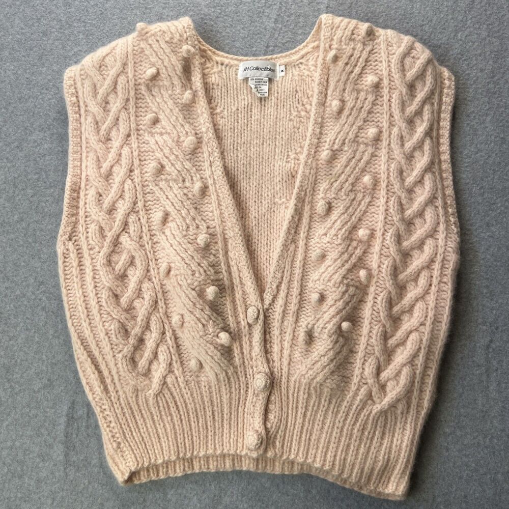 JH Collectibles Sweater Vest M Pink Angora Lambswool Blend Cable Knit Pom Poms